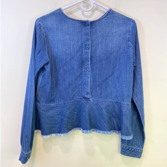 Blue Denim Statement Raw Frayed Hem Cloth & Stone Long Sleeve Cotton Shirt XS - Picture 4 of 7